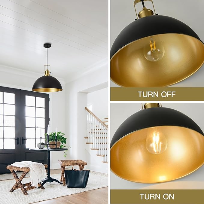 18 Inch Black Farmhouse Pendant Lights for Kitchen Island Industrial Haning Lamp Adjustable Height Vintage Dome Hanging Light Fixtures for Barn, Dining Room