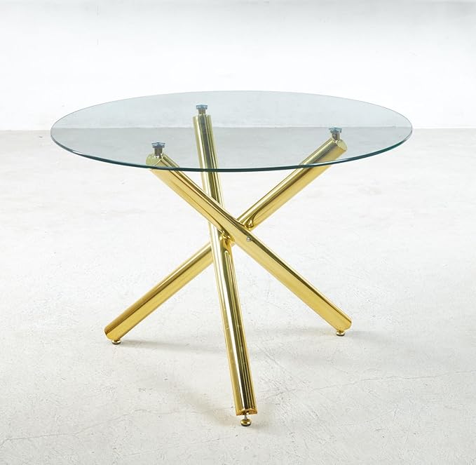 Round Glass Dining Table,Glass Dining Room Table with Tempered Glass Tabletop and Metal Legs, Modern Style Glass Kitchen Table for Home, Kitchen, Dining Room