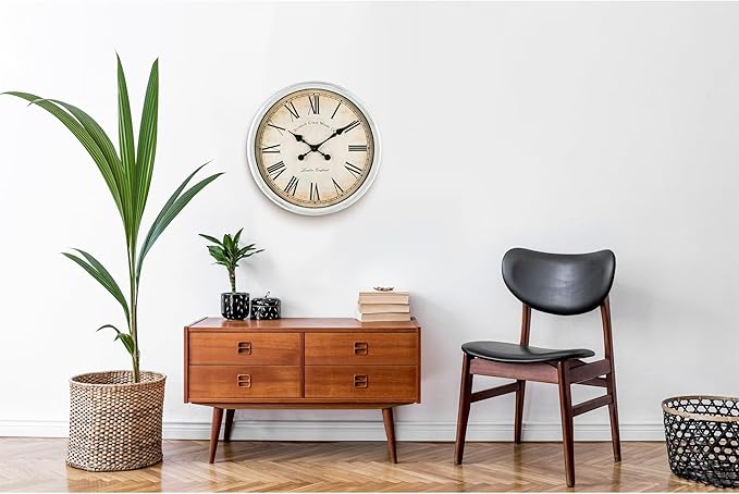Bernhard Products Large Decorative Wall Clock 20 Inch Silent Non Ticking Battery Operated Quartz Vintage Stylish with Rustic White Rim for Home Living/Dining Room Kitchen & Over Fireplace