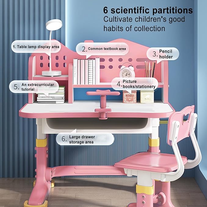 Kids Desk and Chair Set, Height Adjustable Children Study Desk, Golden Distance Preventing Myopia Design, Children Study Desk with Spacious Storage Drawer for Girls School Home Study Tool (Pink-1)