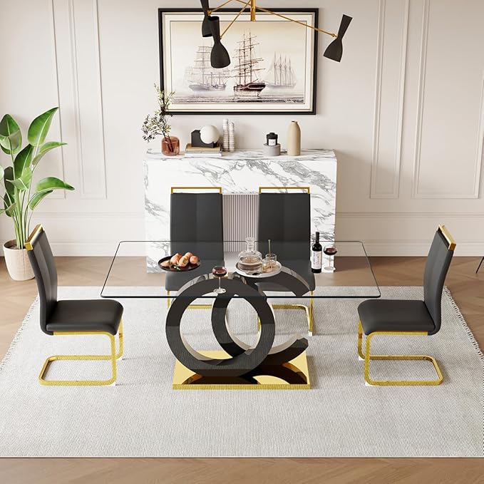 63'' Glass Dining Table Set for 4, Kitchen Table Chairs Set of 4, Clear Glass Dining Table with Black unique design Leg and Gold Metal Base, 4 PU Dining Chairs with Metal Legs, Living Room, Kitchen.