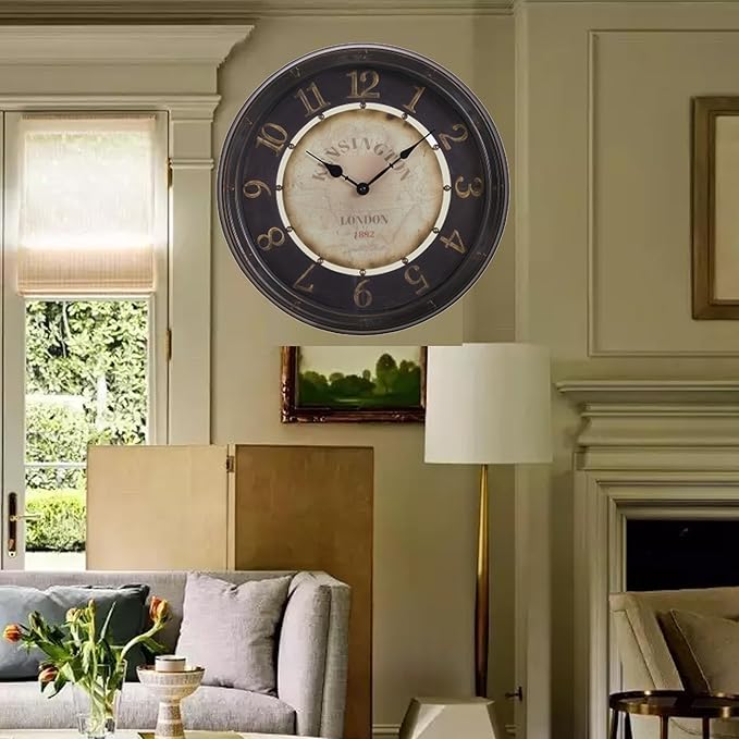 16 Inch Vintage Wall Clock, Silent Non-Ticking Quartz Battery Operated Decorative Clock for Home, Kitchen, Living Room, Dining Room, Office, Gold Brown Arabic Number