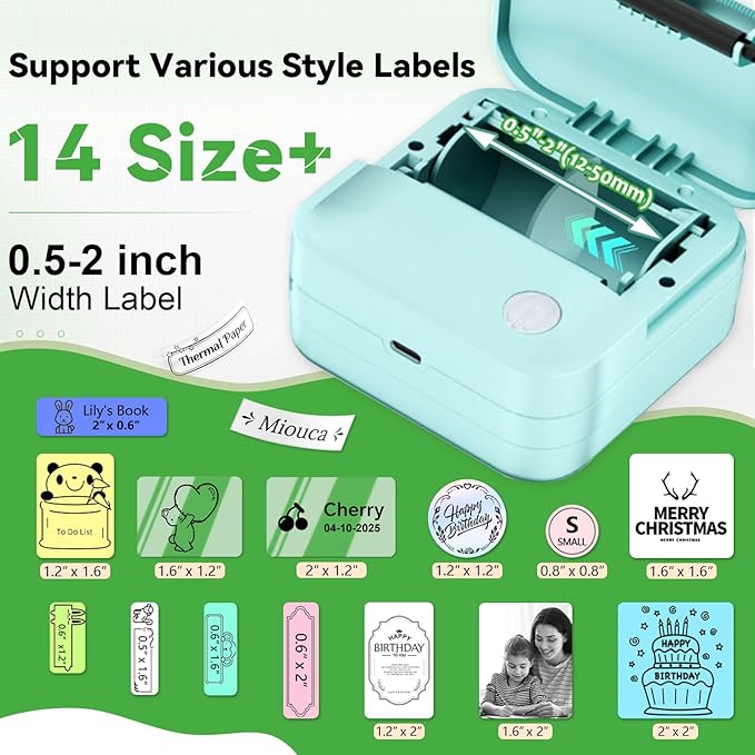 Label Maker Machine with Tape - 14 Sizes Mini Sticker Printer Bluetooth Label Printer for Home Office Organization, Portable Thermal Sticker Maker Print Pod with Multiple Templates for Phone