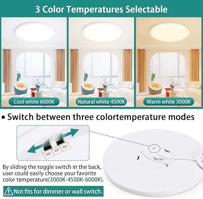 16'' Dimmable LED Ceiling Light Fixture, Ultra Thin Flush Mount, 28W 2800Lumen, 3 Color Changeable, Round, White, for Dining Room, Kitchen, Bedroom, Office, Hotel