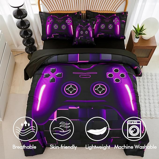 PERFEMET 6 Pieces Bed in A Bag Gamer Comforter Set Queen Size Purple Gaming Bedding Set for Boys Kids Teen Soft Lightweight Video Game Black Quilt Bedspread Set(Purple, Queen)