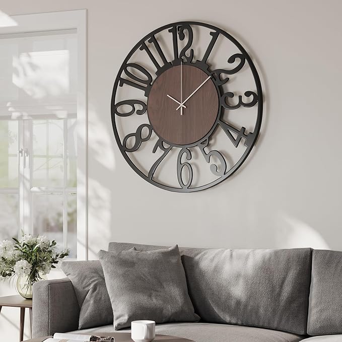 24 inch Large Wall Clock for Living Room Decor, Decorative Wood Metal Wall Clock Battery Operated Silent Non Ticking, Modern Black Round Big Clocks for Bedroom, Kitchen, Office Decor-Arabic Numerals