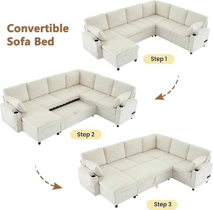 Ball & Cast 109.9" Sectional Sofa with Pull Out Bed, Chenille Upholstered Sleeper Sofa bed with Storage Chaise, Convertible U Shaped Couch with Two Cup Holders and Charging Ports for Living Room,Beige