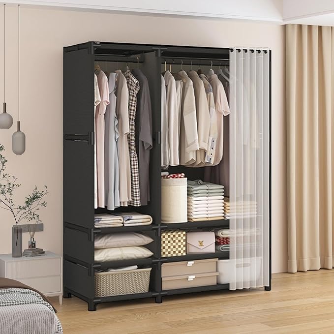 Portable Closet,Portable Closets for Hanging Clothes,Japanese Style Garment Rack with 2 Hanging Rods,6 Storage Shelves,43.3" L x 17.7" W x 65.1" H,Black