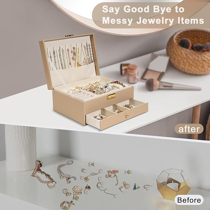 2-Layer Jewelry Box for Women, Jewelry Organizers and Storage with Removable Jewelry Tray, Vintage Quilted Top Lockable Jewelry Holder Gift Box for Girl