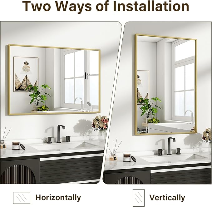HARRITPURE 30"x20" Rectangular Bathroom Mirror Vanity Wall Mirrors Aluminium Alloy Frame Wall-Mounted for Over Sink Entryway Bedroom Living Room Gold
