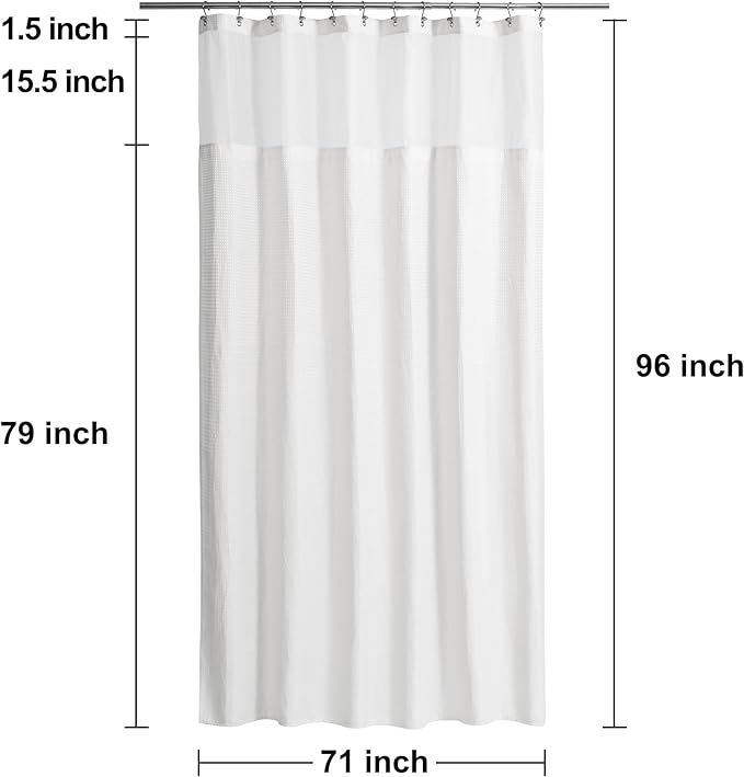 N&Y HOME Extra Long Waffle Weave Shower Curtain 96 Inch Length with Snap-in Fabric Liner & Metal Hooks Set - Hotel Style, Waterproof & Washable, Heavyweight Fabric & Mesh Top Window - 71x96, White