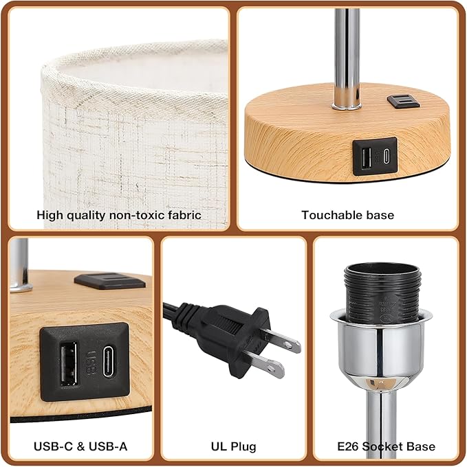 Touch Bedside Table Lamp with USB - 3 Way Dimmable Wood Lamp for Bedroom Nightstand, Desk Lamp with Charging Station for Dorm, Office, Kids Room, Living Room