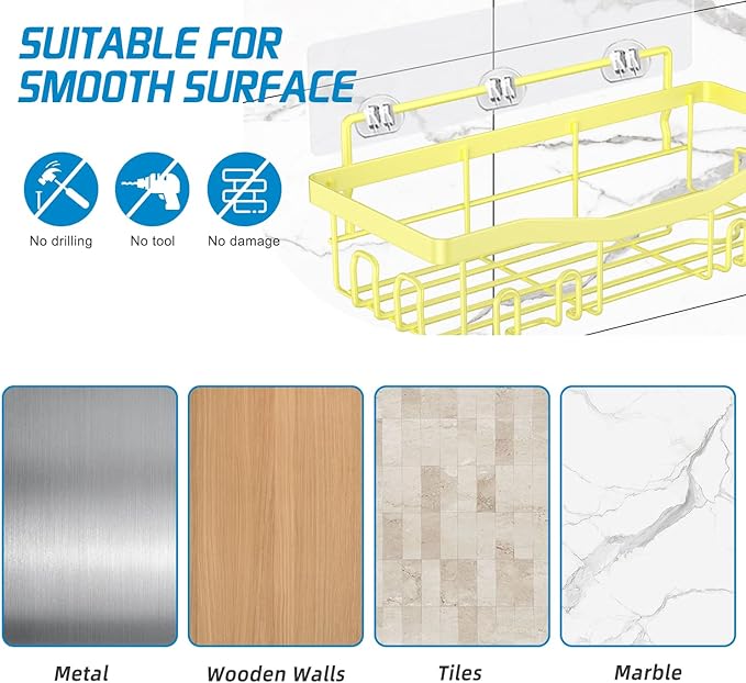 Adhesive Shower Caddy, No Drilling Bath Organizers 5 Pack, Rustproof Shelves with Soap Holder & Toothbrush Holder, Bathroom Organizers and Storage, Yellow