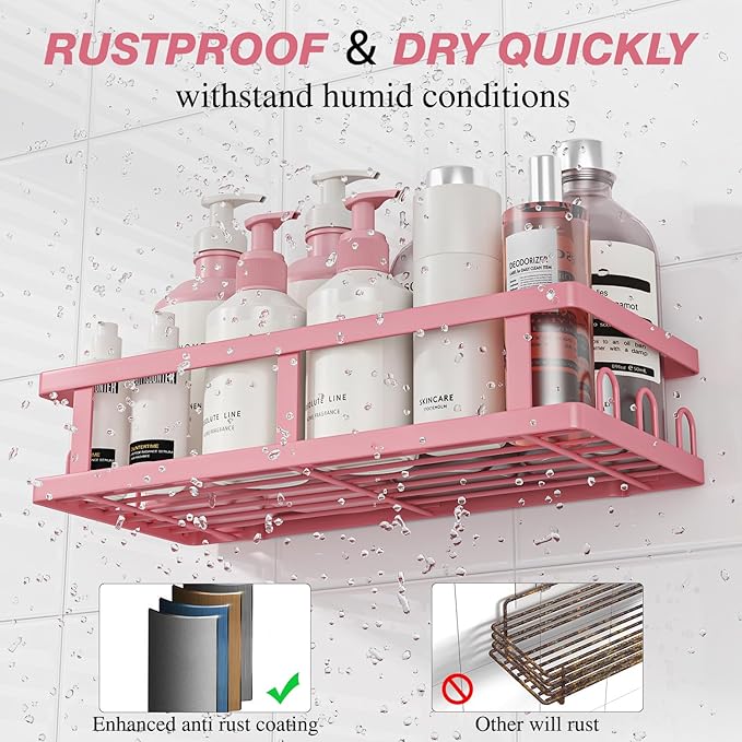 Shower Caddy Adhesive,No Drill Bathroom Organizer,Large Capacity Rustproof Shelves for Inside Shower,Bathroom Organizers and Storage,Pink