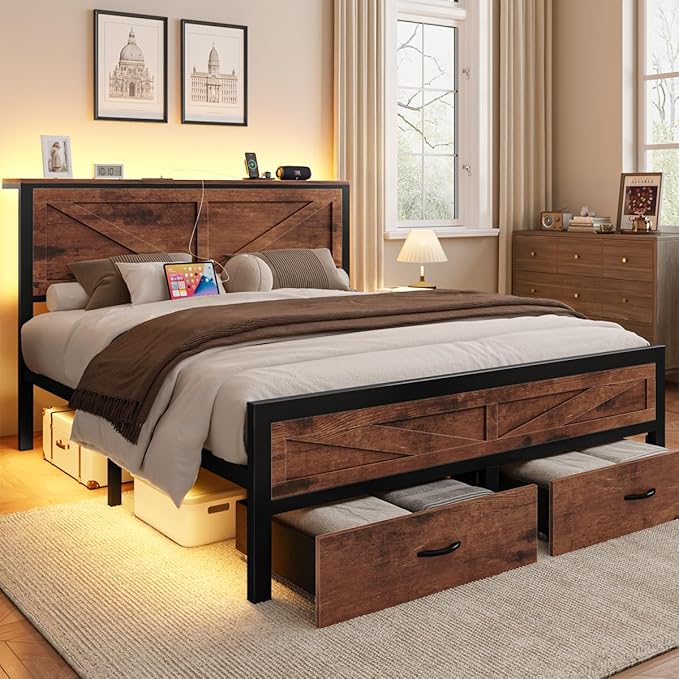 Rustic Queen Bed Frame with Storage Drawers and Barn Door Headboard, Farmhouse LED Bed Frame Queen Size with Charging Station, Metal Industrial Platform Bed Frames, No Box Spring Needed, Brown