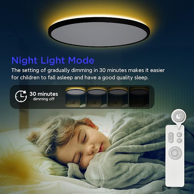 ocioc 18inch Ceiling Light with Remote Control, 40W LED Flush Mount Light Fixture with 2000K Backlight, 3000K-6500K Light Changing, Brightness Adjustable Close to Ceiling Lights Fixture Black