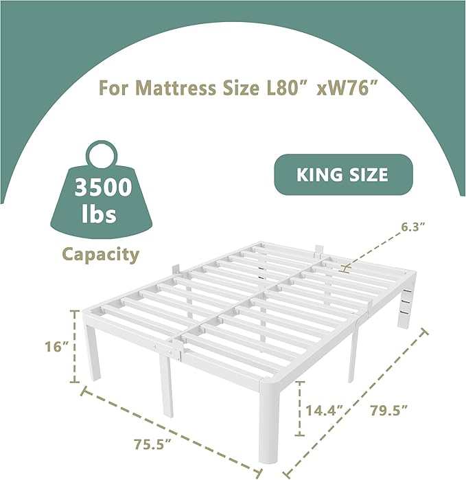 ITIMIDI 16 Inch White Bed Frame King Size with Round Corner Legs, Metal Platform Bed Frame King, Storage Space, No Box Spring Needed, Heavy Duty Steel Support 3500 LBS, Noiseless, Easy Assembly