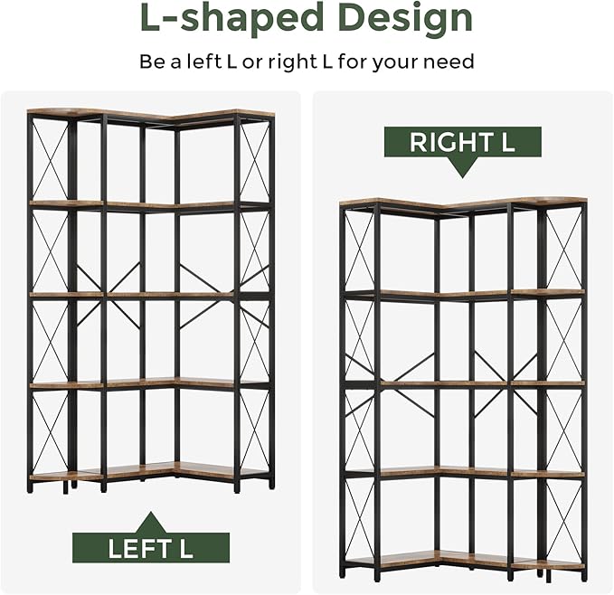 5-Tier Reversible Corner Bookshelf, Modern Industrial Bookcase, 5-Shelf Large L-Shaped Storage Shelf Display Rack with Metal Frame for Living Room, Home Office, Bedroom, Rustic Brown