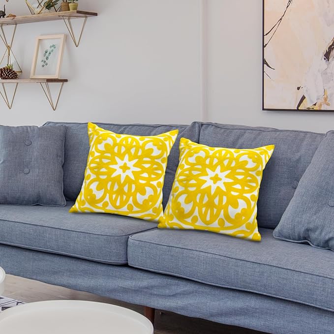 Alysheer Floral Embroidered Fall Decorative Throw Pillow Cover 18"x 18" Set of 2, Boho Mandala Embroidery Yellow Patterned Cushion Case for Sofa Couch Living Room Bedroom Outdoor