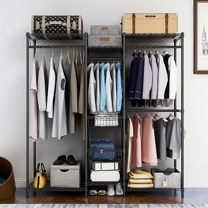 Xiofio Freestanding Heavy Duty Clothes Rack, Wire Clothing Rack with Hanging Rod,Adjustable Shelves & 2 Slid Fixed Baskets,60.7" L x 15.7" W x 70.5" H Max Load 720LBS,Black.