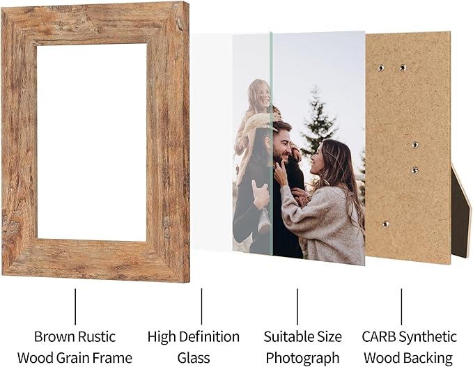 5x7 Picture Frame Set of 4, High Definition Real Glass 5 x 7 Photo Frames for Tabletop Display and Wall Mounting (Distressed White+Smoke Gray+Rustic Brown+Black)