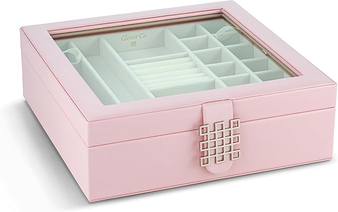 Co 28 Section Jewelry Box - 2 Layer & Buckle Magnet Closure - Large Glass Top - Leather Design - Soft Pink - Jewelry Organizer for Women & Girls - for Earring Ring Necklace & Bracelet