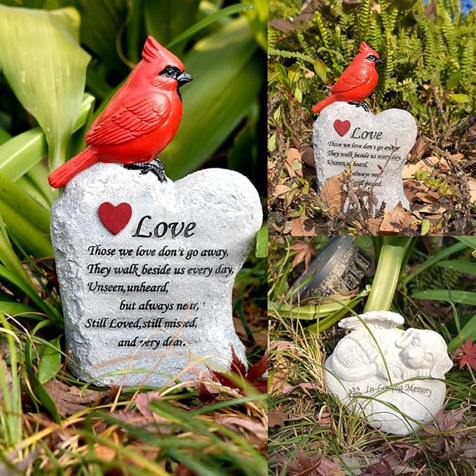 Cardinal Decor Garden Decor,Red Cardinal Memorial Stones for Loved Ones, Cardinal Bird Figurine,Garden Sculptures & Statues, Outdoor Decor for Balcony, Yard, Lawn, Pathway, Walkway
