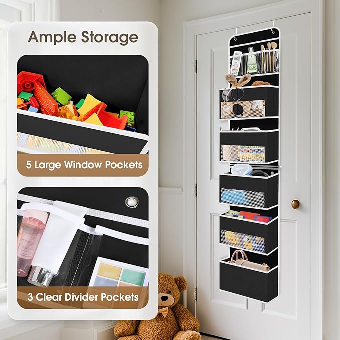 6-Tier Over The Door Organizer Hanging Storage Organizers with Clear Window 40lb Large Capacity Room Organizer for Pantry Bathroom Nursery Closet(Black)