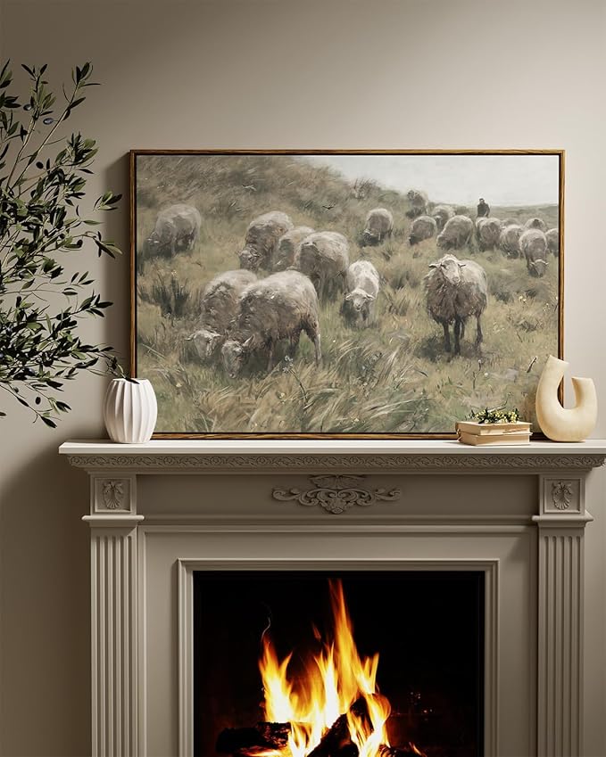 InSimSea Framed Canvas Wall Art Vintage Decor, Sheep on the Dunes Wall Pictures Farmhouse Wall Art, Large Hanging Wall Art Living Room Decor, Bathroom Bedroom Office Decor, 24"x36"