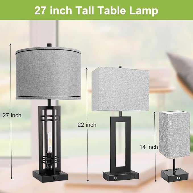 27" Touch Control Farmhouse Table Lamps, Set of 2 Tall Rustic Table Lamps 2-Light Design with USB A+C Ports, Bedside Lamps with Grey Shade for Living Room Home Office, 4 LED Bulbs Included