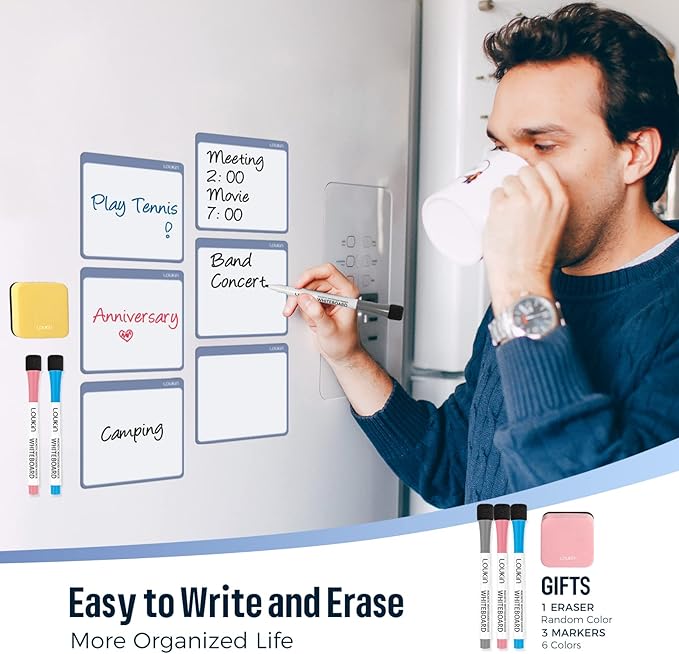loukin Dry Erase Mini Note 6 Pack, Electrostatic Adsorption Whiteboard Sticker, Reusable notepads for Office, Classroom, Refrigerator, Clings Any Shiny Surface, 3 Color Markers & 1 Eraser Included