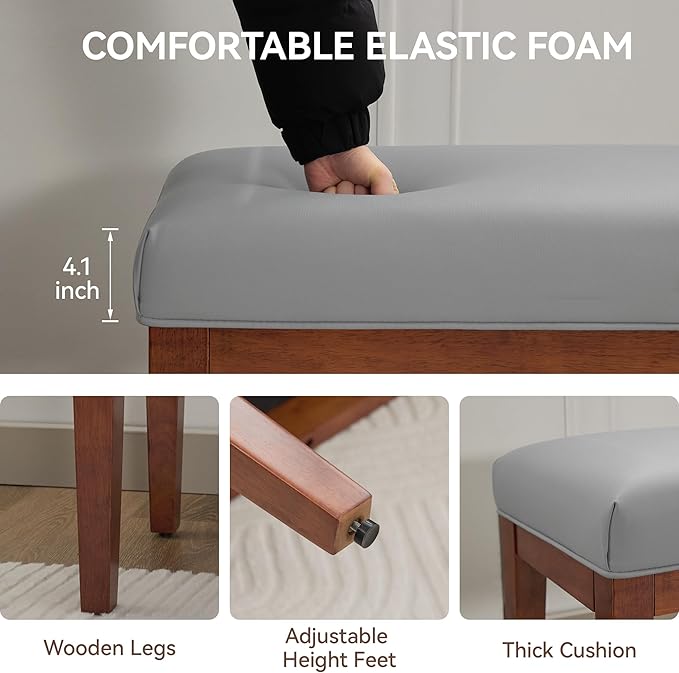 43.5'' Faux Leather Bedroom Bench, Upholstered End of Bed Bench, Padded Vintage Dining Bench, Entryway Bench with Solid Wood Legs, Kitchen, Living Room, Hallway, Grey