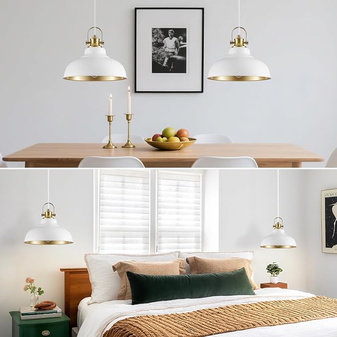 White and Gold Pendant Light, 11.41 Inch Dome Pendant Lights, Industrial Pendant Light Kitchen Island, Farmhouse Pendant Lights 2 Packs, Island Pendant Lights for Kitchen, Dining Room, Living Room