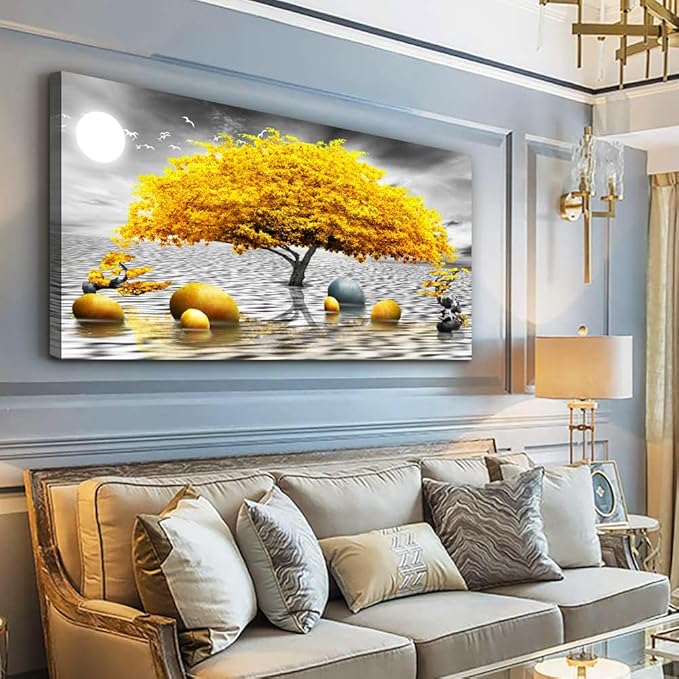 Canvas Wall Art For Living Room & Bedroom - Abstract Black & White Art, Yellow Tree Paintings - Large Wall Artworks For Home & Office Decoration