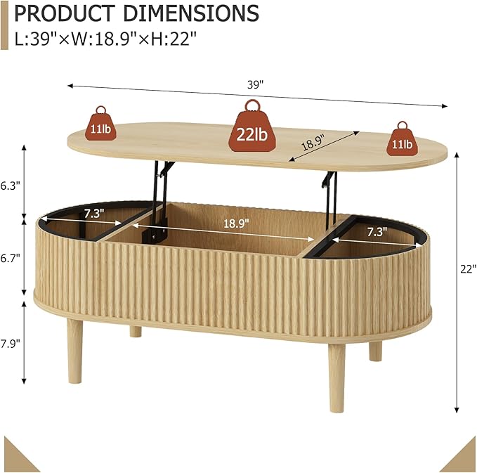 Ludatido 39 Inch Lift Top Coffee Table with 3 Storage for Living Room, Oval Coffee Table with Hidden Compartment, Fully Wooden Center Easy to Assembled for Home Living Room Office Burlywood