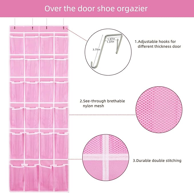 Hanging Shoe Organizer 2Pack, Over The Door Shoe Rack with 24 Mesh Pockets - Pink (2pack), Size: 58x21 Inch