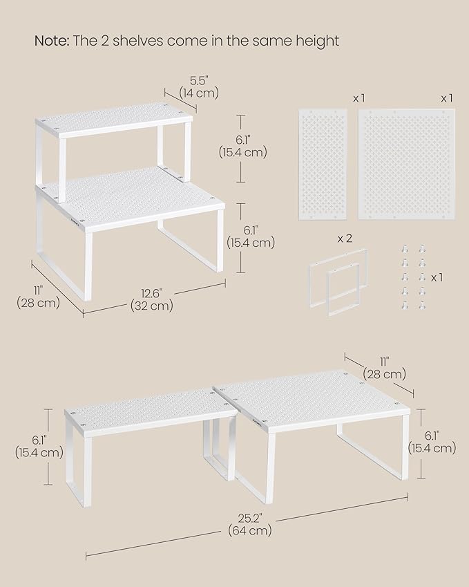 SONGMICS Spice Racks, Set of 2 Metal Cabinet Shelf Organizers, Countertop Organizers, Shelf Risers, Stackable, Expandable, White UKCS005W01