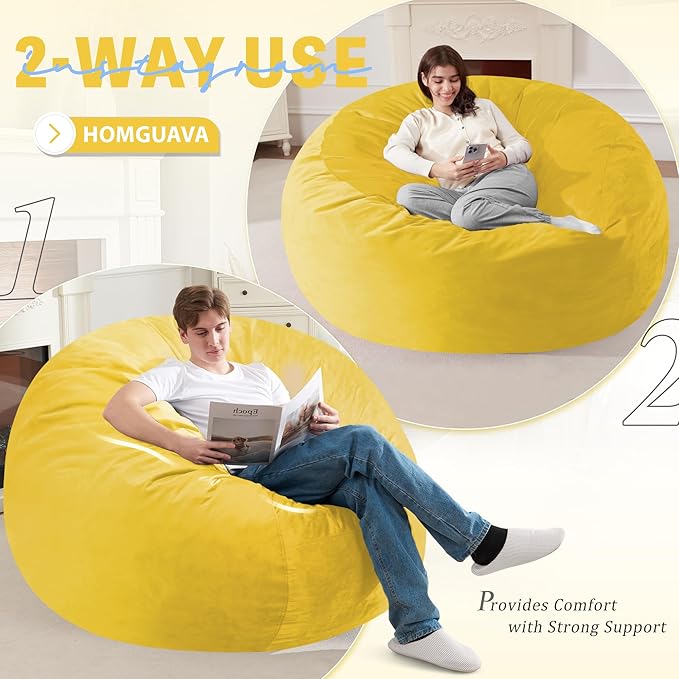 Homguava 6 FT Bean Bag Chair: 6' Bean Bags with Memory Foam Filled, Large Beanbag Chairs Soft Sofa with Dutch Velvet Cover-Mustard