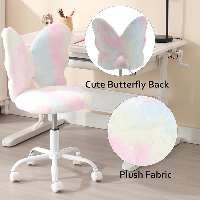 Butterfly Kids Desk Chairs Girls Students Study Chair Adjustable Computer Chairs Furry Swivel Office Child Reading Chair for Home/Bedroom/School/Dorm, Colorful
