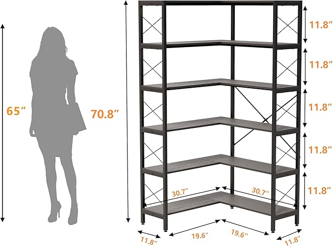 Corner Bookshelves and Bookcases Industrial Corner Etagere Bookcase L Shaped Shelf 6 Tiers with Metal Frame for Living Room Home Office