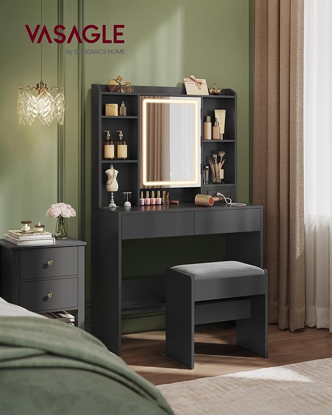 VASAGLE KAILYN Collection - Vanity Desk with Power Outlets, Makeup Vanity with Mirror and Lights, Upholstered Vanity Stool, LED Lights, 6 Compartments, 2 Drawers, for Bedroom, Ink Black URDT031B01