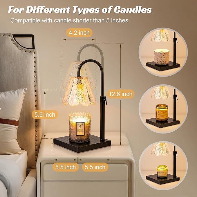 Golden Floral Candle Warmer Lamp with Timer & Dimmable Light - Adjustable Height Jar Candle Melter with Ebony Wooden Base, Home Decor Gift Set (Includes 2 Bulbs)