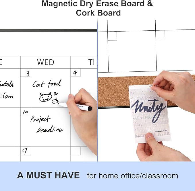 ARCOBIS Dry Erase Calendar with Cork Board for Wall, 36"x 24" Magnetic Calendar Whiteboard with Black Frame, Monthly Combination Board for School, Home, Office