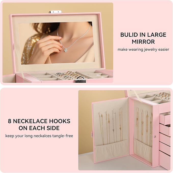 Frebeauty Large Jewelry Box,6-Tier PU Leather Jewelry Organizer,Multi-functional Storage Case with Mirror,Accessories Holder with 5 Drawers for Necklace Bracelets Watches(Pink)