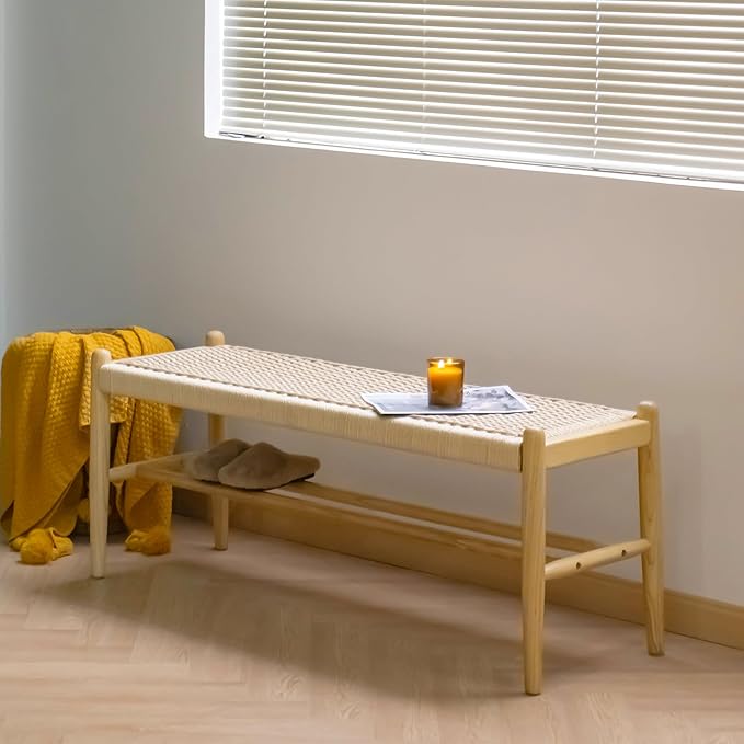 Solid Wood Entryway Bench with Shoe Storage, Rustic Oak and Woven Design 45 Inch Long Seating for Living and Dining Rooms, Natural