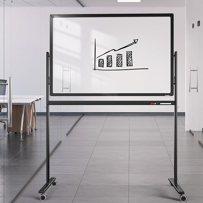 Mobile Clear Glass Whiteboard on Wheels - TANKEE 48" x 32" Dry Erase Board with Stand, Large Rolling White Board with 25 Sheets Paper Pad, Transparent Tempered Glass Board for Office Home School
