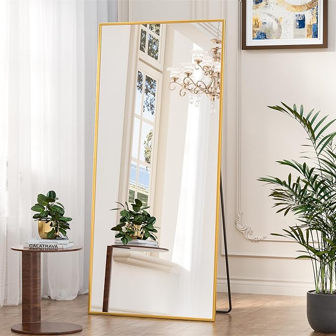 Antok Full Length Mirror, 71"x32" Floor Mirror with Stand, Hanging Mounted Mirrors for Bedroom, Living Room, Cloakroom, Dining Room, Gold, Rect