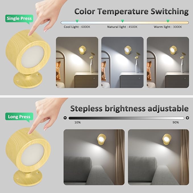 Lightbiz LED Wall Sconces, Wall Mounted Lamp 3 Pcs with Remote Rechargeable Battery Operated, 3 Color Temperatures & Dimmable Wall Lights Magnetic 360° Rotation Wireless Light