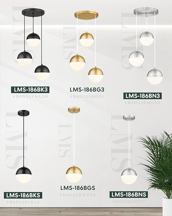 LMS Mid Century Pendant Lights, Brushed Gold Kitchen Island Light Fixtures with White Globe Glass Shade, Adjustable Hanging Cord, 3-Pack for Home Office Dining Room Bathroom, LMS-186PL-BGWS3PK