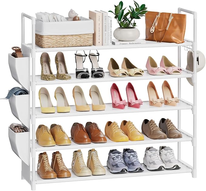 Shoe Rack for Closet Shoe Organizer Space Saver Storage for 20-25 Pair Shoe Shelf with Hook and Side Pocket Free Standing 5 Tier Shoe Rack Organizer for Entryway,Small Spaces, White